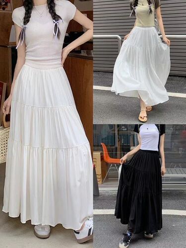 Half skirt spring and summer women's new white all-matching solid color cake skirt, high waist, slimming, large swing skirt, casual dress