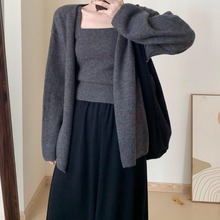 韩版甜美风宽松针织开衫吊带背心两件套春秋新品温柔减龄洋气毛衣