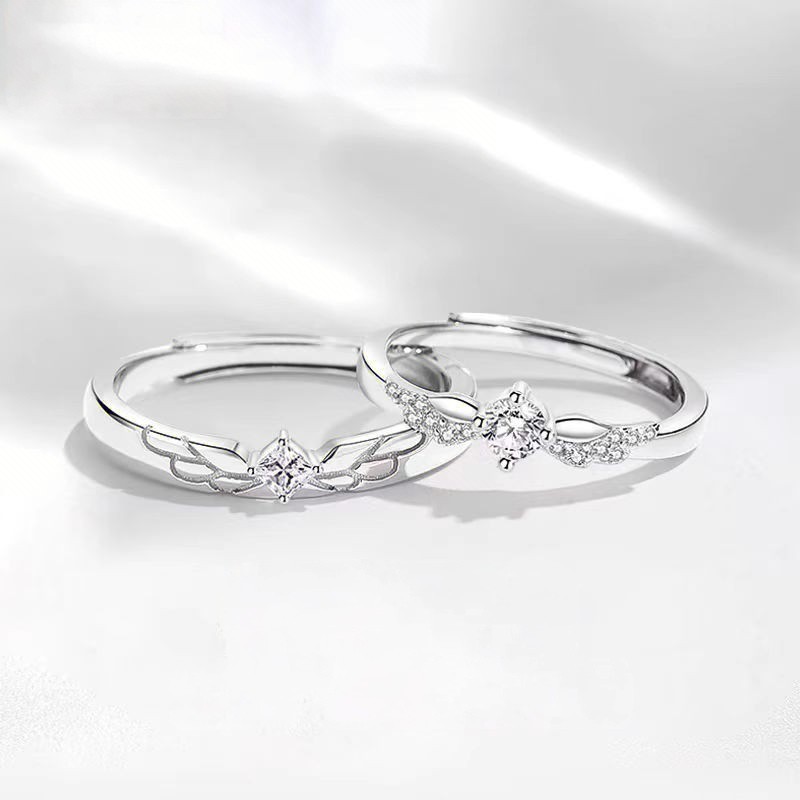Pure White Copper Non-Fading Twin Lovers Couple Rings for Male and Female Friends Niche Open-Ended Angel Love Pair Rings