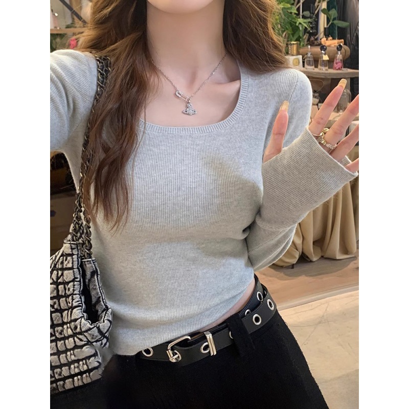 Lazy Style Square-Neck Knitted Sweater for Women, Early Spring 2026, Slim Fit, Trendy, Regular Shoulder, Long-Sleeve Top, Simple Base Shirt