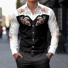 跨境欧美长袖男士衬衫新款数码花卉印花西部牛仔风格户外休闲衬衣