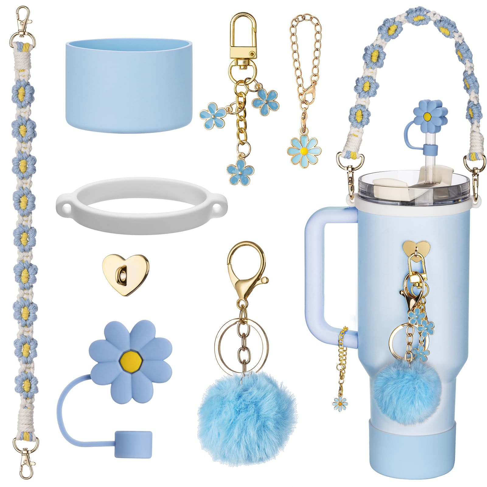 Ventas calientes accesorios de taza de agua stanley margarita cuerda de mano anillo de silicona gorra de paja flor bola de pelo de silicona taza de soporte