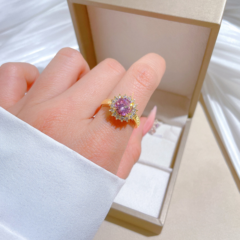 Anello con diamante rosa rotondo completo, apertura regolabile, gioiello semplice giapponese, anello per coppie_voghion.com