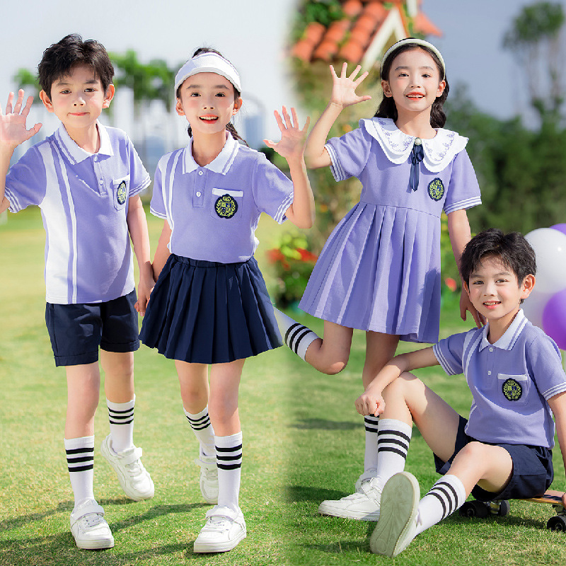 幼兒園園服套裝中小學生校服夏季新品學院風紫色班服兒童節表演服
