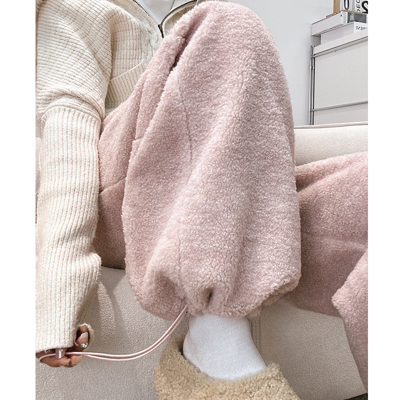 Korean Casual Teddy Velvet Pink Wide-Leg Pants for Women Autumn and Winter 2025 High-Waisted Cashmere Straight Sports Pants