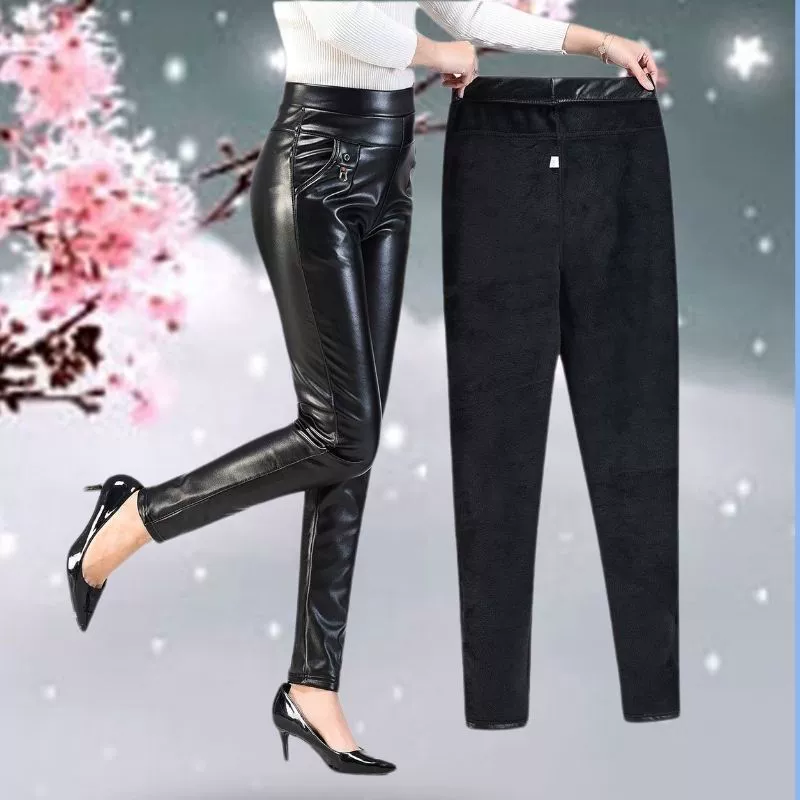 Мама кожаные брюки женские средние и старые брюки носить прямые брюки с высокой талией плюс бархат утолщение тепло PU водонепроницаемый удлинение