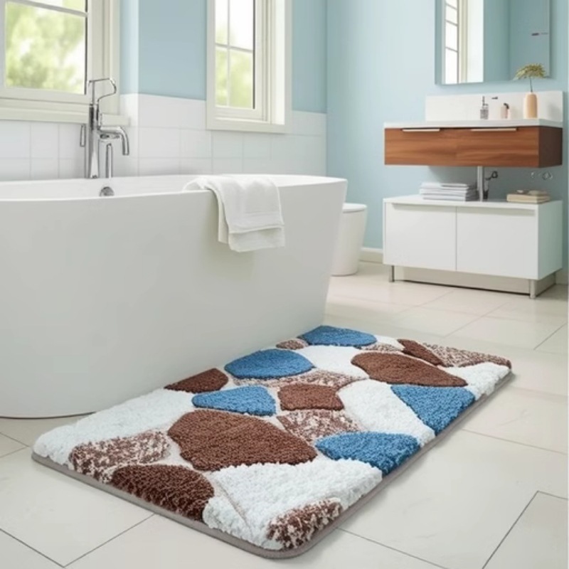 New Stone-Patterned Bathroom Carpet, Microfiber Bathtub Absorbent Foot Mat, 3D Plush Floor Mat for Bedroom