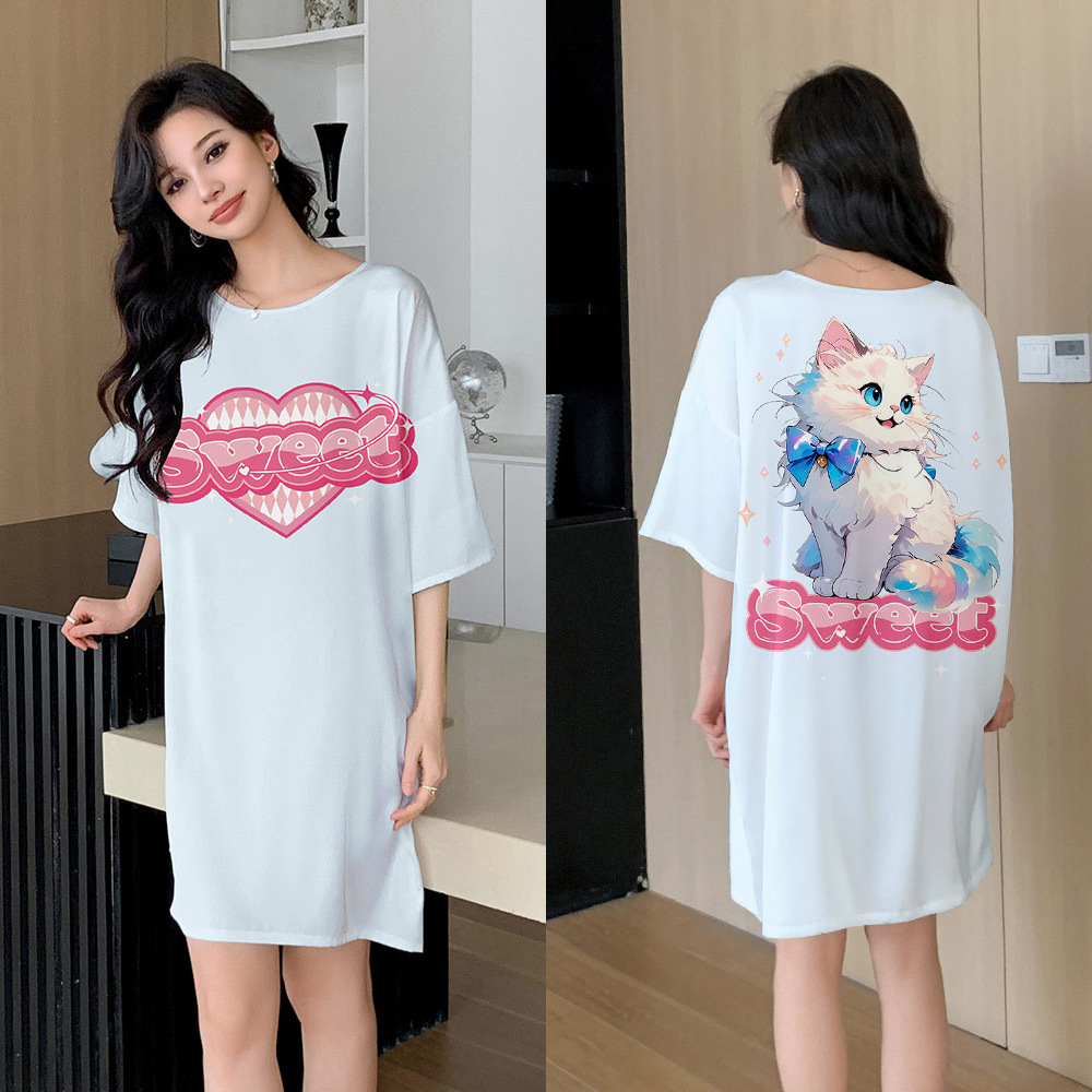 Yaoting pijama de mujer encantador viento impresión digital satén chiffón collar redondo pijama de manga corta SQ2273