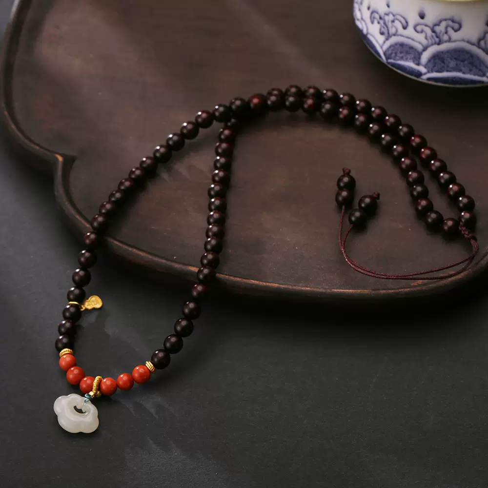 天然6MM小叶紫檀项链女和田玉如意锁吊坠高级感国潮风毛衣链批发