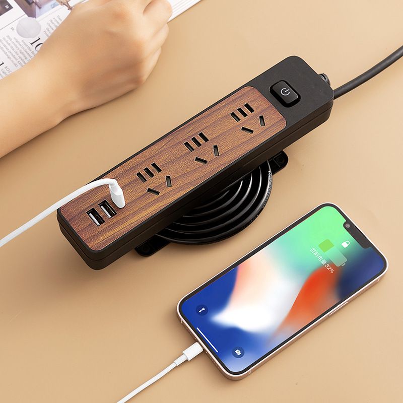 木纹绕线插座usb多功能收纳插排开关面板电源转换插头纯铜插线板