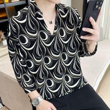 夏季七分袖衬衫 男士潮流休闲修身花格子花色竖条纹 夏天冰丝衬衣