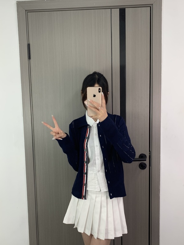 TB高品质早秋新款条纹长袖镂空翻领针织女款开衫外套|undefined