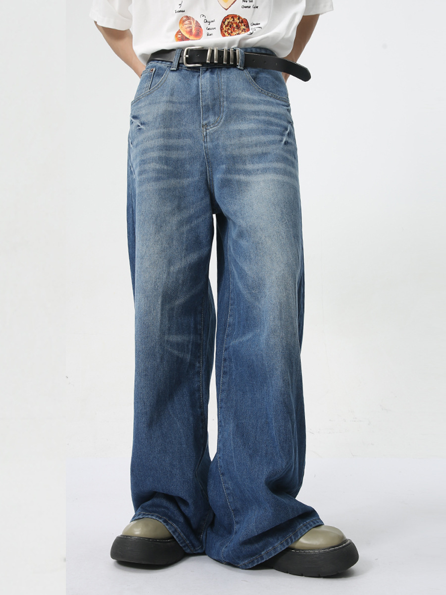 Ropa para hombre MTLCLOTHES | Vaqueros de pierna ancha y recta, estilo americano, con lavado efecto relámpago, casuales y versátiles para uso diario.