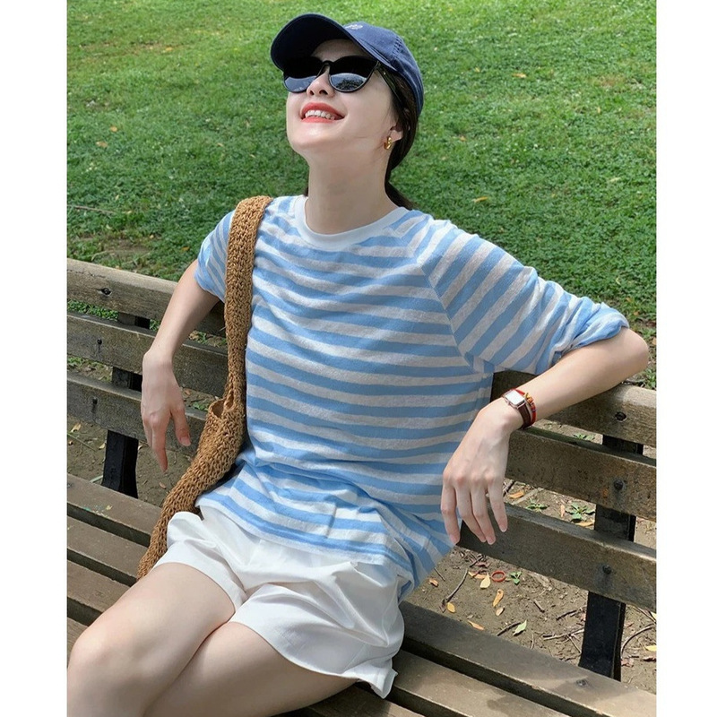 韩系蓝色条纹长袖防晒T恤女夏季小个子宽松外搭薄款空调罩衫上衣|undefined
