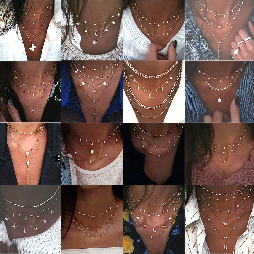 Богемное многослойное ожерелье с луной и звездой 2023, золотое для женщин