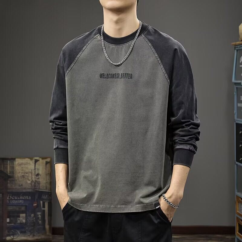 American Style Casual Embroidered Letter Long-sleeved T-shirt Men's Trendy Brand Raglan Sleeve Loose Plus Size Cotton Top