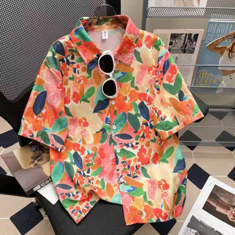 Festive Floral Print Shirt for Summer and Autumn, Unisex Short-Sleeve Elastic Thai Plant Print T-Shirt Festive Floral Print Shirt for Summer and Autumn, Unisex Short-Sleeve Elastic Thai Plant Print T-Shirt