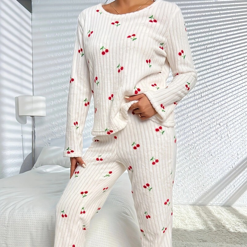 欧美外贸新品跨珊瑚毛绒睡衣女秋冬季印花加绒保暖圆领家居服套装|undefined