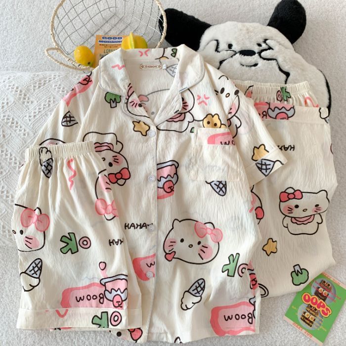 Verano nuevo estilo pijama mujer nube algodón 120g solapa cárdigan pantalones cortos de manga corta pantalones de tres piezas lindo servicio a domicilio