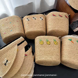 菲草编织包沙滩包小清新萝莉包小方包水桶包手单肩包空顶帽两件套