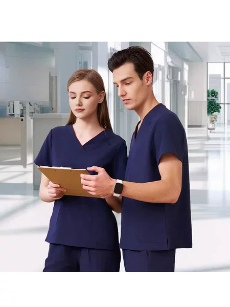 High-End Elastic Quick-Dry V-Neck Short-Sleeve Scrub Set for Male and Female Dental Doctors