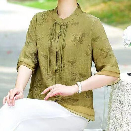 Mother's Day. New Chinese-Style Fashion. Mom's Summer Wear 2026 New Model for Middle-Aged and Elderly, Half-Sleeve Shirt, Slimming and Breathable