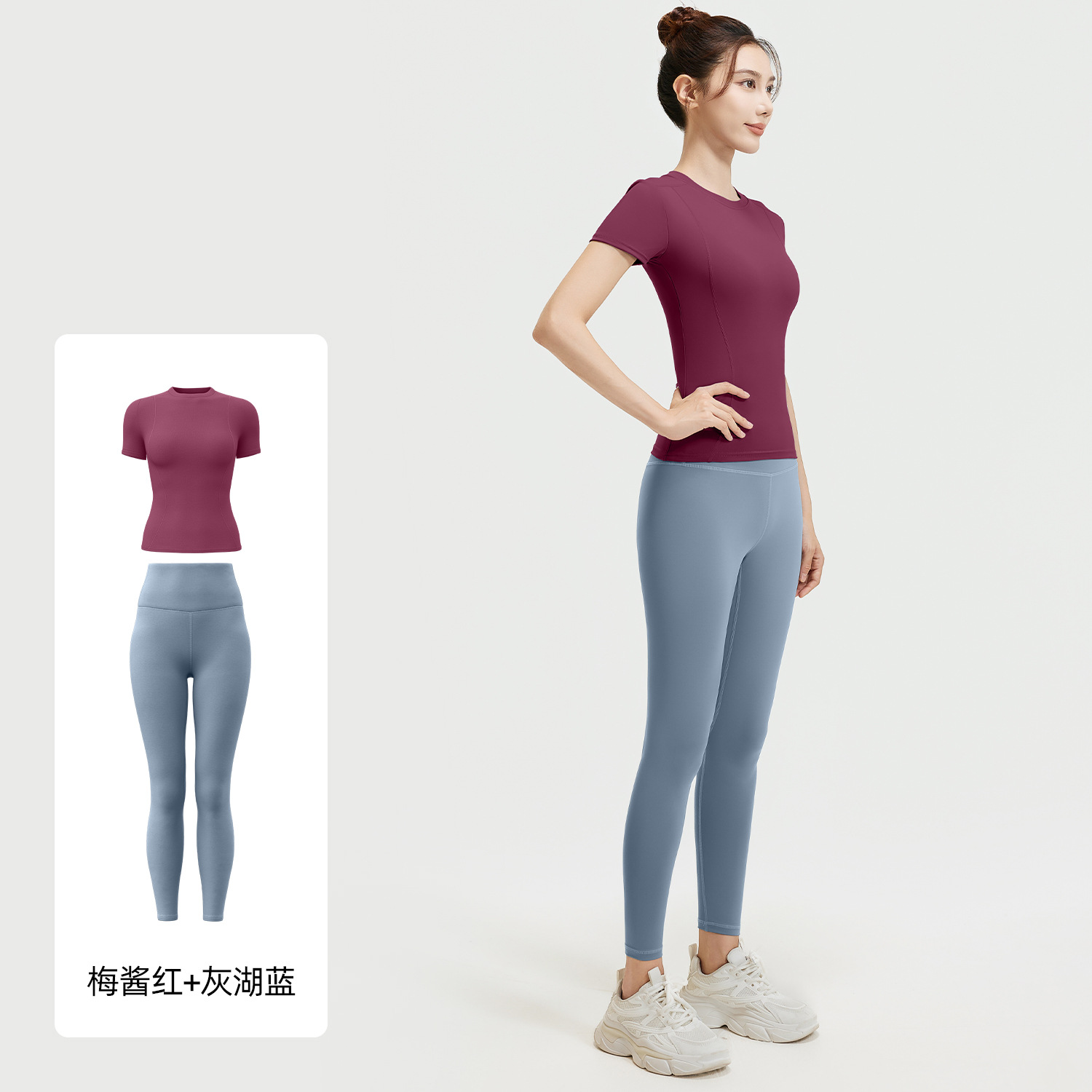 Juyi Tang ropa de yoga de verano, camisas deportivas de correr, pantalones cortos de manga corta de color sólido, dos piezas para mujeres