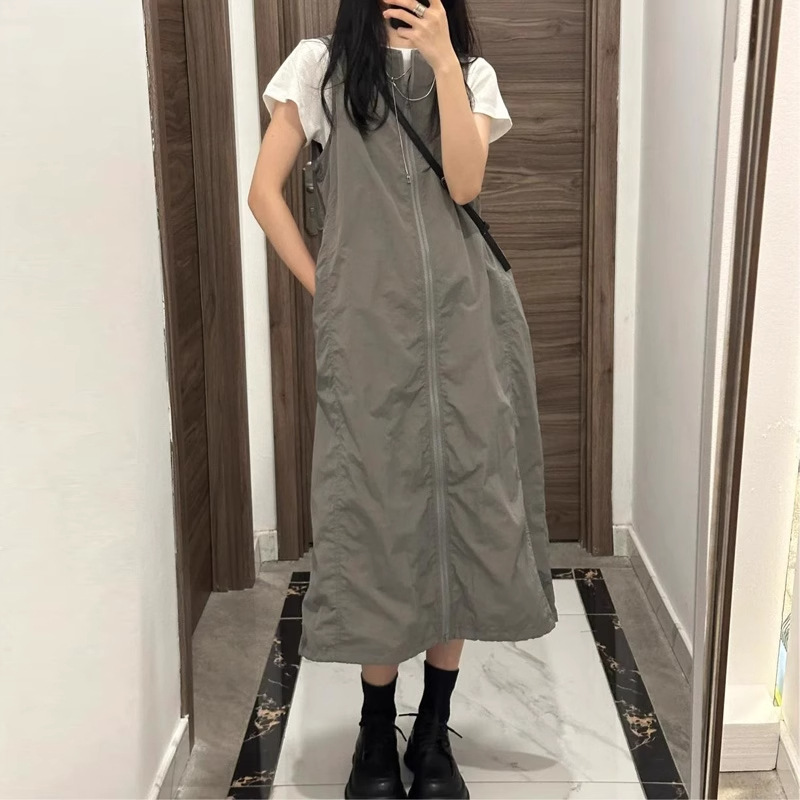 山系黑色工装机能风背心裙女春秋款连衣裙微胖大码胖mm显瘦背带裙|undefined
