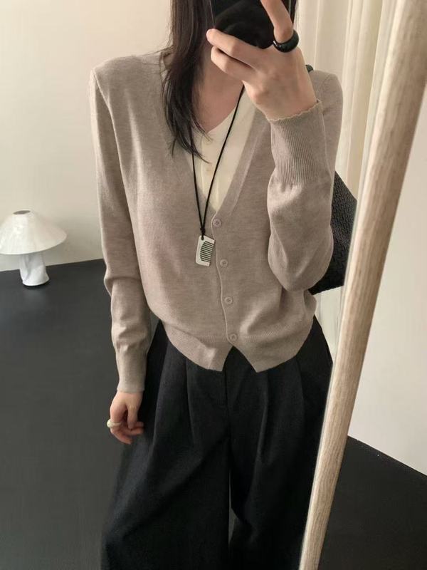 拼接假两件V领针织开衫女2025春秋季设计感短款毛衣修身灰色上衣|undefined