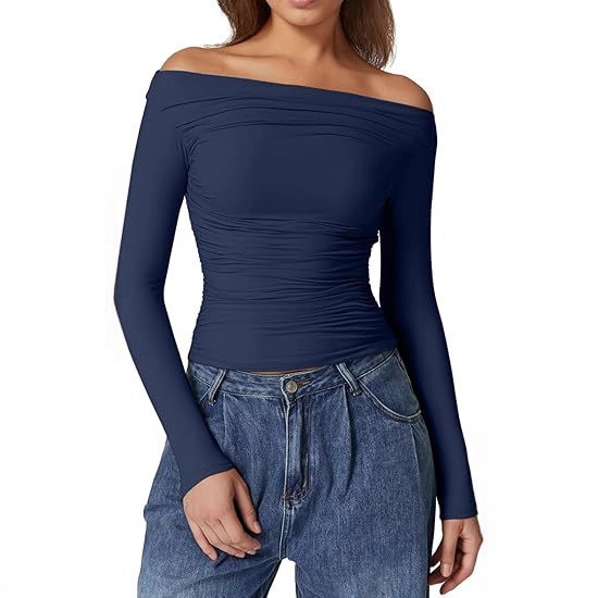 2025 European and American cross-border new women's off-shoulder slim-fit solid color ruched one-shoulder long-sleeve sexy top