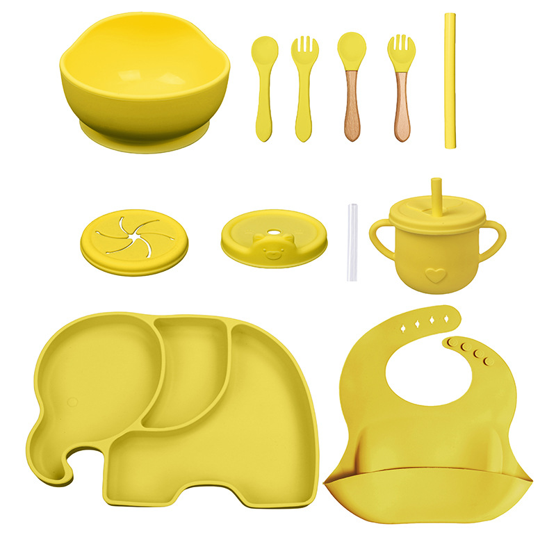 Conjunto de cubiertos para niños tazón de alimentos suplementarios platos de silicona tazón de cuchara de tenedor bib taza de agua de grado alimenticio para bebés alimentación suplementaria