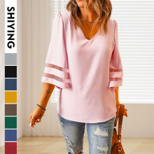 时颖雪纺衫女欧美上衣2023夏季新品七分袖宽松大码女装现货批发