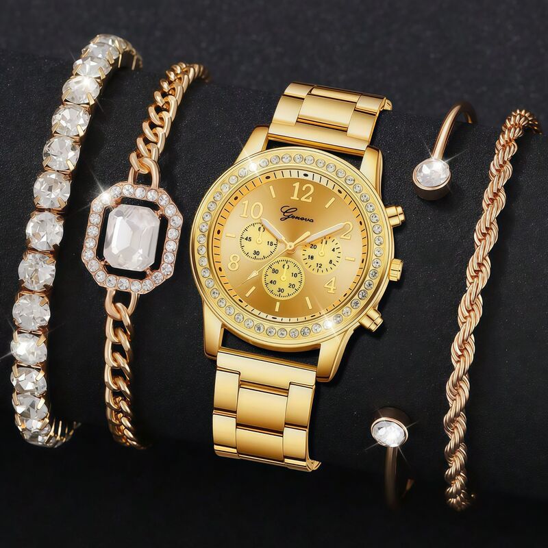 Popular Geneva Fake Three-Eye Watch Fashionable Diamond-Encrusted Steel Band Watch Women's Geneva Quartz Watch Set Popular Geneva Fake Three-Eye Watch Fashionable Diamond-Encrusted Steel Band Watch Women's Geneva Quartz Watch Set