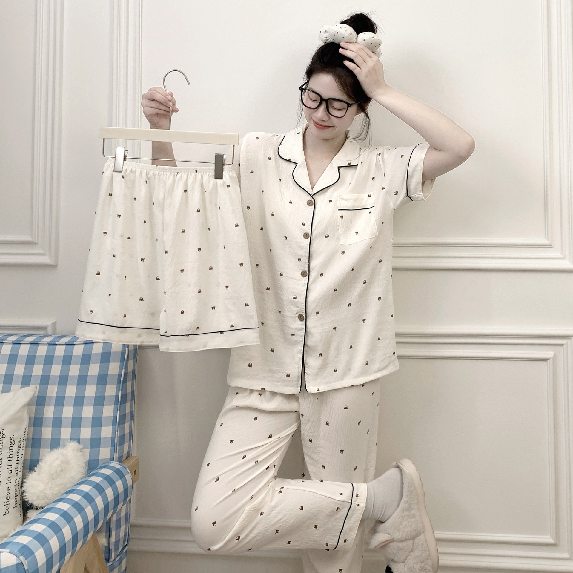 云朵棉三件套卡通睡衣女春夏季薄款短袖长裤家居服夏