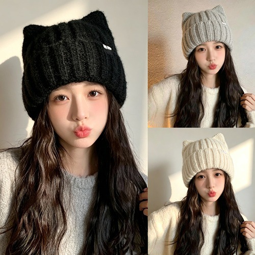 Cat Ear Woolen Hat for Women in Autumn and Winter New Japanese Style Style Warm and Cute Knitted Hat K-Style Thickeneded Versatile Cold Hat
