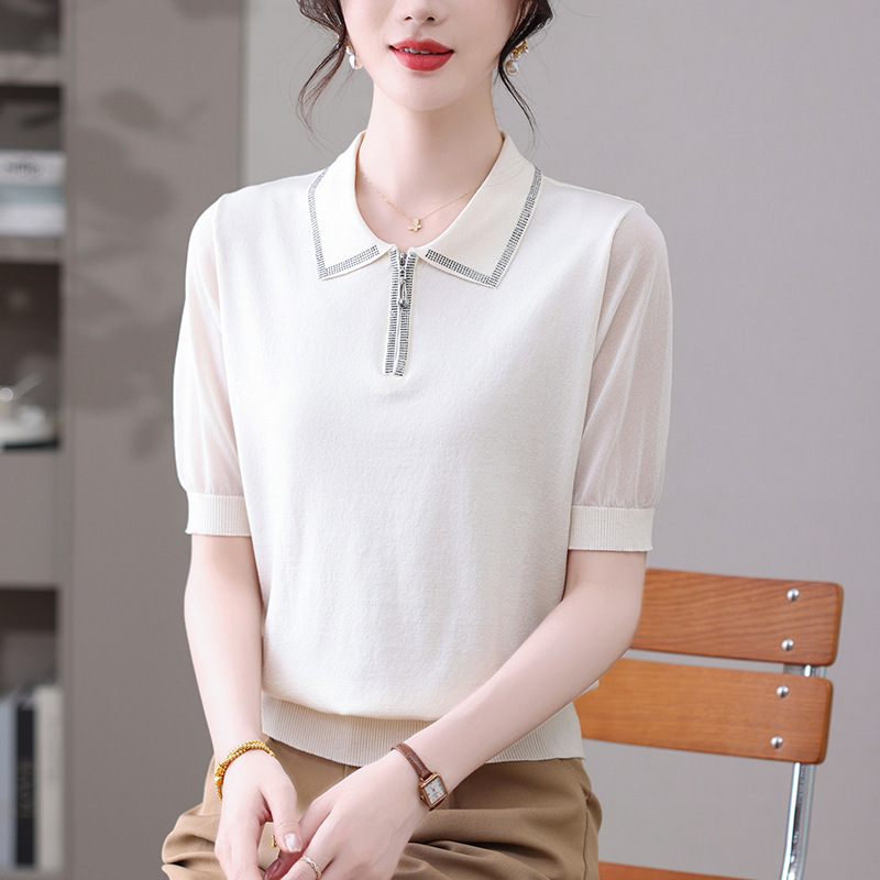 薄い気質年齢を減らすアイスシルクセーター女性の Tシャツ 2025 夏の新しいルーズスプライシングシフォン半袖トップ|undefined
