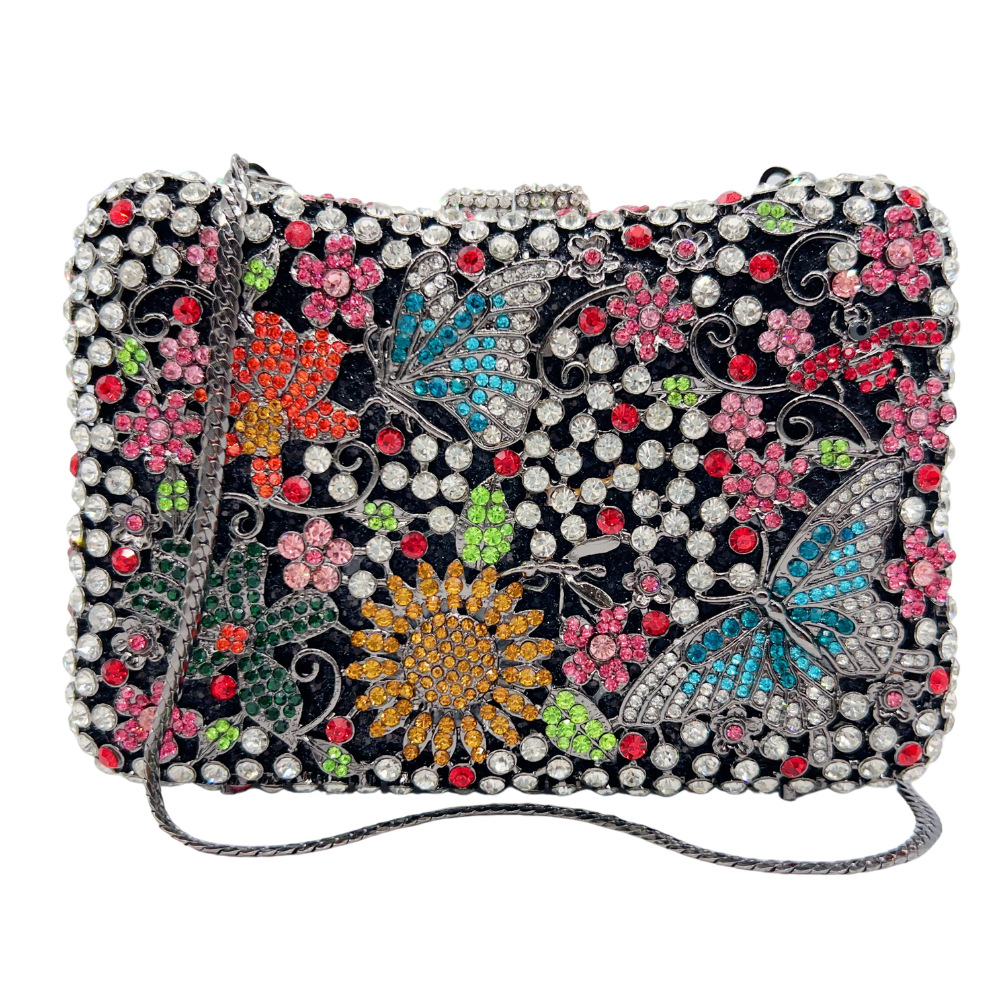 Túi clutch dạ hội đính đá kim cương hoa khoét lỗ, túi xách tay Crystal Clutch — Màu tím, Màu vàng kim, Màu bạc, Màu đen