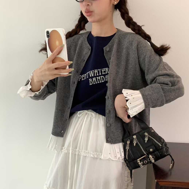秋冬新款甜美风立体花边拼接设计感毛衣女开衫韩系短款针织衫外套|undefined
