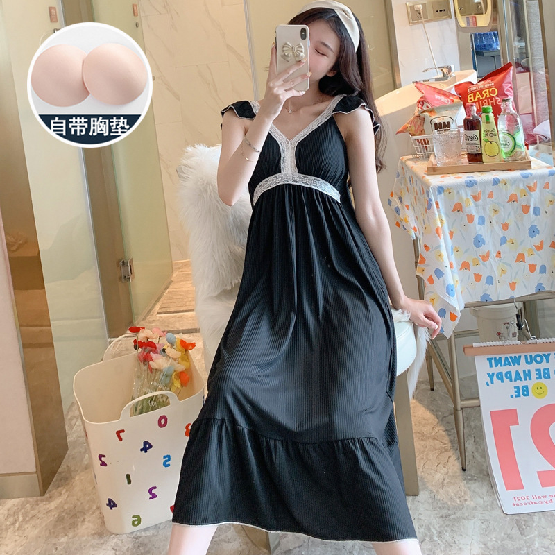 Tiktok live pijamas de verano polka dot sexy con almohadilla en el pecho camisón de media longitud de encaje dulce ropa para el hogar de las mujeres