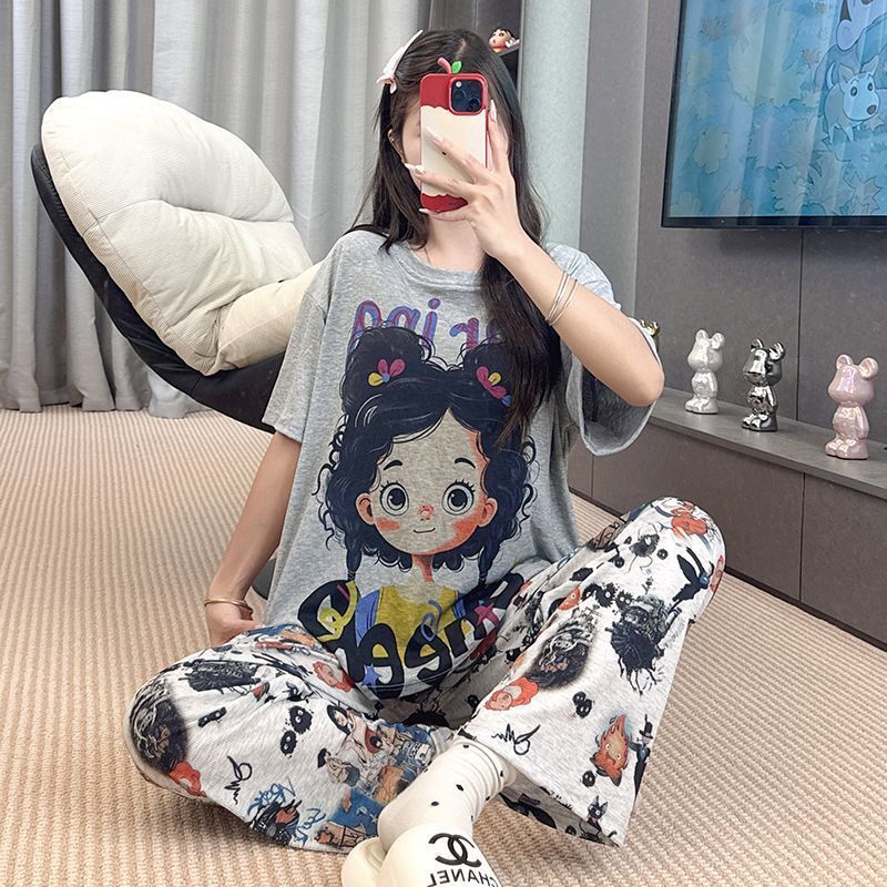 2025 新しい夏のモーダルパジャマ女性の半袖ズボンスーツ漫画ルーズ夏は家の服の外で着用できます|undefined