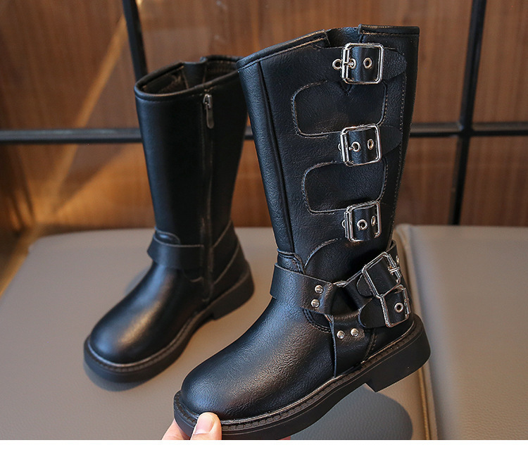 Bottes Martin montantes en cuir noires à fermeture éclair latérale pour filles et garçons de taille moyenne et grande, nouvelle collection automne 2024_voghion.com