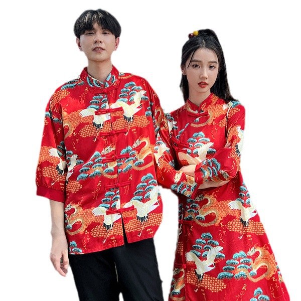 중국 스타일 커플의 새로운 중국 스타일 수정 플러스 사이즈 버튼 인쇄 느슨한 수직 칼라 크레인 셔츠 원피스 청삼