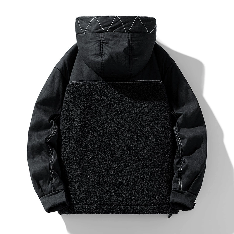 Velvet three dimensional black winter jacket with hood, for teenagers