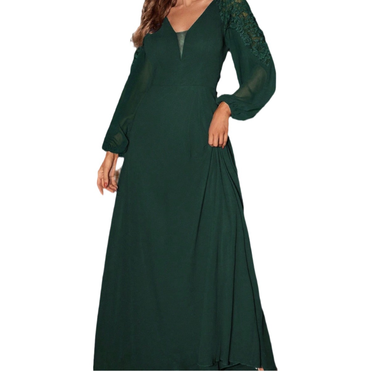 Comercio exterior estilo francés vestido atmósfera reina gasa manga larga profundo V cremallera grande backless fregona vestido largo vestido