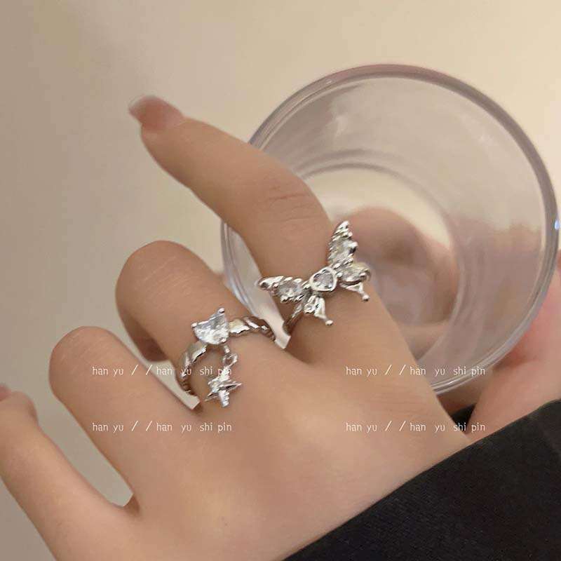 Micro-inlaid zircon star love butterfly open ring women's light luxury high-level sweet cool hot girl stacked ring personality