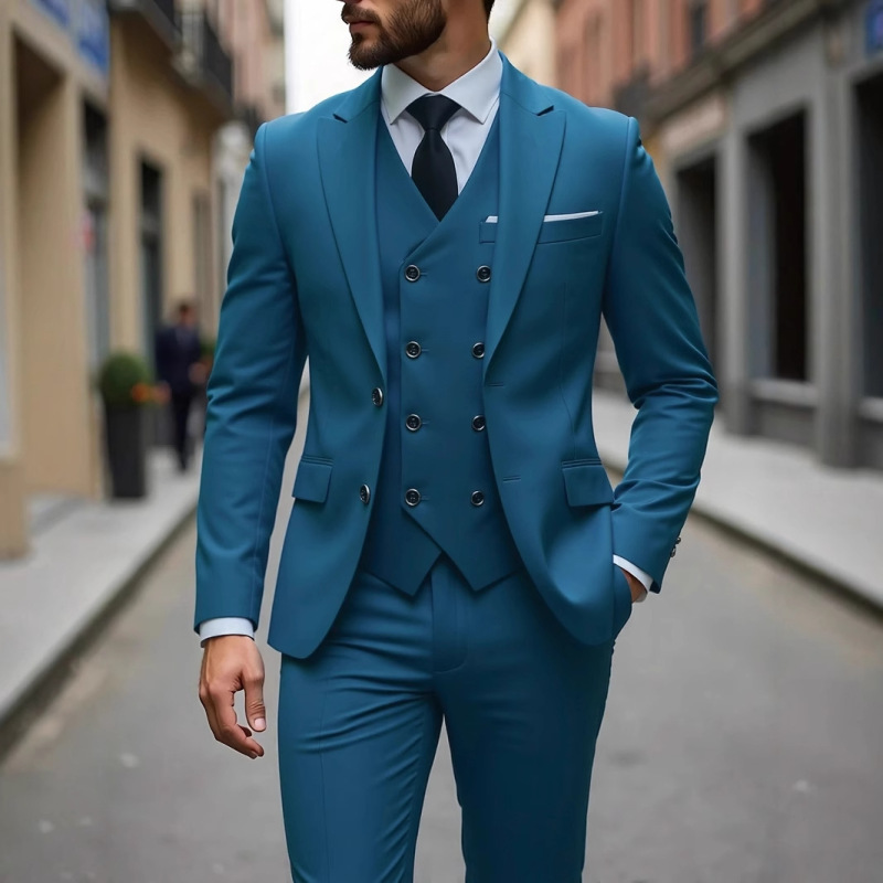 New Men's Large Size Three-Piece Suit with Double-Breasted Vest, Solid Color, Hollow Design, Foreign Trade Cross-Border Business Casual Suit