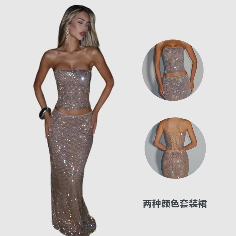 European and American Style Strapless Long Dress Set 2025 Tie-Up Sequin Dress Slim-Fit Dress for Women Sexy Partydr