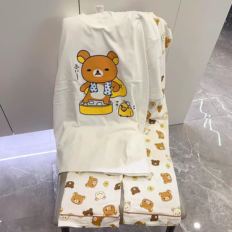Хлопковый демисезонный пижамный костюм, милые штаны, с коротким рукавом