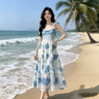 云南大理批发手工纯植物板蓝根蓝染扎染旅游度假百搭女吊带连衣裙