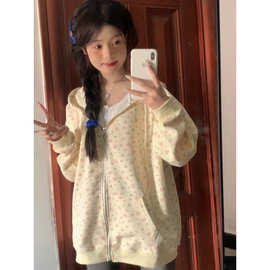 美式碎花复古满印甜美防晒拉链连帽宽松卫衣新款休闲开衫上衣外套